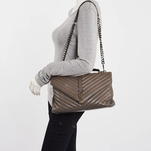 Yves Saint Laurent Grey Chevron Quilted Leather Monogram Large College Bag - Picture 3 of 12
